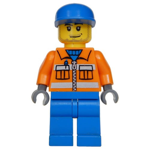 Lego Ground Crew Orange Zipper Safety Stripes Orange Arms Blue Legs Blue Cap Smirk And Stubble Beard Cty054