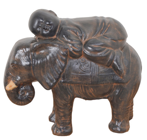 Buddha Baby Monk On Elephant Black Earthy Ancient Finish 16.5 Inches Tall 12015839 By AFD