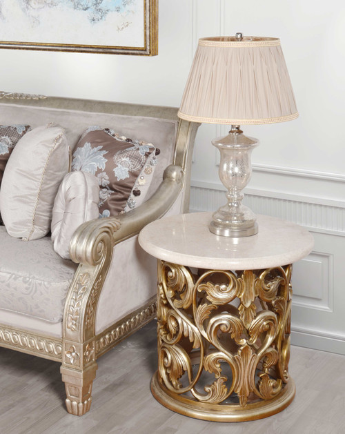 Platine Hand Carved Round Side Table With Creama Marfil Marble 24 Inches Tall 12016156 By AFD