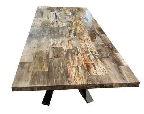 Mountain Studios Petrified Wood Large Dining Table 98 Inch Authentic Specimen, Fossil, Stone, Conferrence, Stainless Steel Artisitc Base 12018777 By AFD