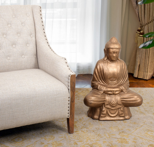 Buddha Sitting Lotus 30 Inch Gold Stone Finish Indoor Outdoor Hand Cast And Hand Finished 12019678 By AFD