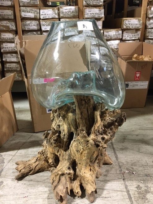 Mountain Studios Large Artistic Blown Glass And Natural Teak, Fish Bowl, Vase 29 .25 Inch Tall. 12021688 By AFD