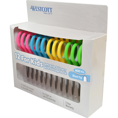 Westcott Soft Handle 5" Kids Scissors Classpack With Storage Rack, Blunt, Pack Of 12 ACM15971