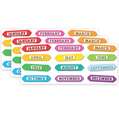 Ashley Magnetic Die-Cut Timesavers & Labels, Months Of The Year, White Polka Dots On Assorted Colors, 12 Per Pack, 3 Packs ASH19024-3