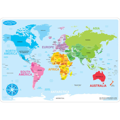 Ashley Smart Poly Learning Mats, 12" X 17", Double-Sided, World Basic Map, Pack Of 10 ASH95602