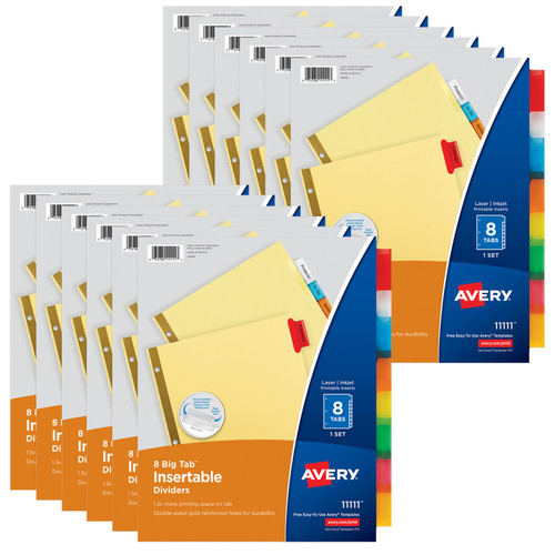 Avery Big Tab Insertable Dividers, Buff Paper, 8-Tab Set, Multicolor, 12 Sets AVE11111-12