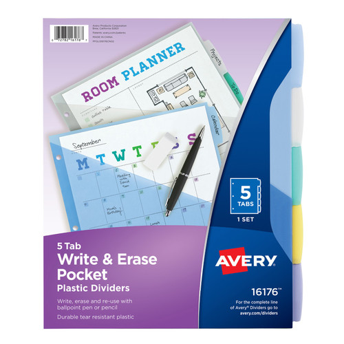 Avery Write & Erase Durable Plastic Dividers With Pockets, 5-Tab Set, Multicolor AVE16176