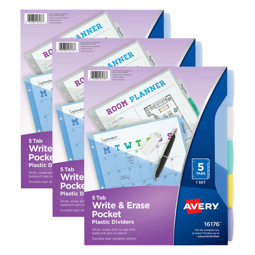 Avery Write & Erase Durable Plastic Dividers With Pockets, 5-Tab Set, Multicolor, 3 Sets AVE16176-3