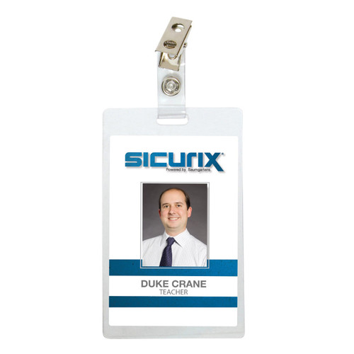 Sicurix Self Laminating Badge Holders With Clip, Vertical, Clear, Pack Of 25 BAU62926