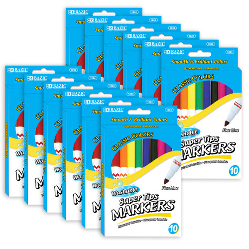 Bazic Washable Markers, Super Tip, 10 Per Pack, 12 Packs BAZ1224-12