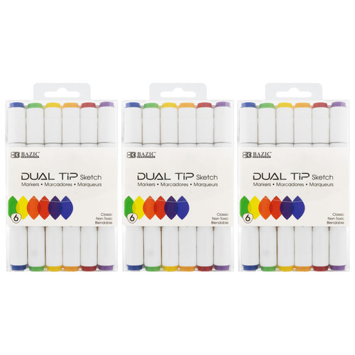 Bazic Dual Tip Sketch Markers, Primary Colors, 6 Per Pack, 3 Packs BAZ1229-3