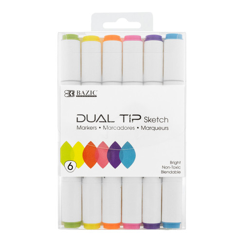 Bazic Dual Tip Sketch Markers, 6 Fluorescent Colors BAZ1230