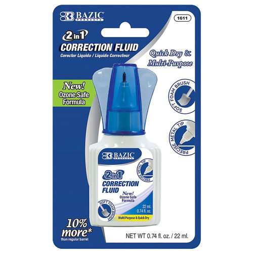 Bazic 2 In 1 Correction Fluid With Foam Brush Applicator & Pen Tip, 0.74 Fl Oz (22 Ml) BAZ1611
