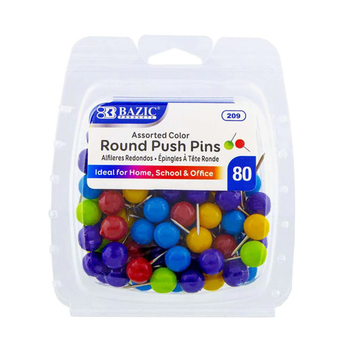 Bazic Round Push Pins, Assorted Color, Pack Of 80 BAZ209