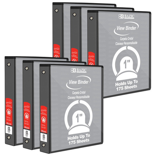 Bazic View Binder, 3-Ring, 1", 2 Pockets, Black, Pack Of 6 BAZ3122-6