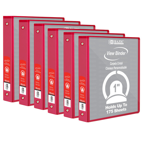 Bazic 3-Ring View Binder With 2 Pockets, 1", Red, Pack Of 6 BAZ4123-6
