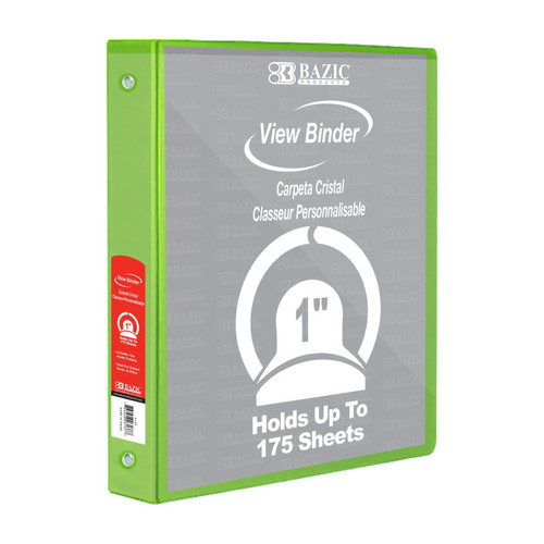 Bazic 3-Ring View Binder With 2 Pockets, 1", Lime Green BAZ4124