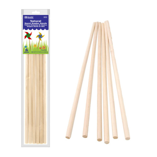 Bazic Round Natural Wooden Dowel, 3/8" X 12", Pack Of 6 BAZ6810