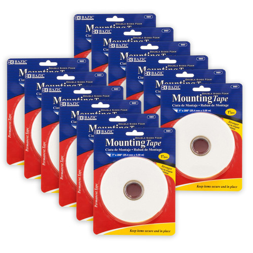 Bazic Double Sided Foam Mounting Tape, 1" X 200", Pack Of 12 BAZ980-12