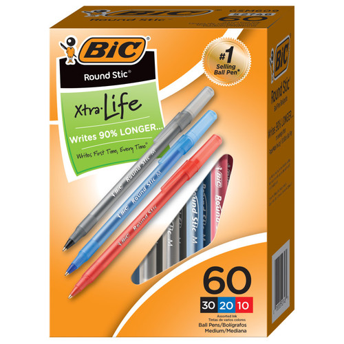 Bic Round Stic Xtra Life Ballpoint Pen, Medium Point (1.0Mm), Assorted, Box Of 60 BICGSM609AST