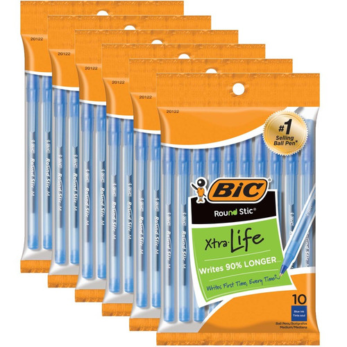 Bic Round Stic Xtra Life Ballpoint Pen, Medium Point (1.0Mm), Blue, 10 Per Pack, 6 Packs BICGSMP101BE-6