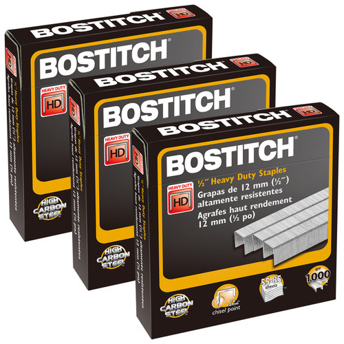 Bostitch Premium Heavy Duty Staples, 1/2", 1000 Per Pack, 3 Packs BOSSB35121M-3