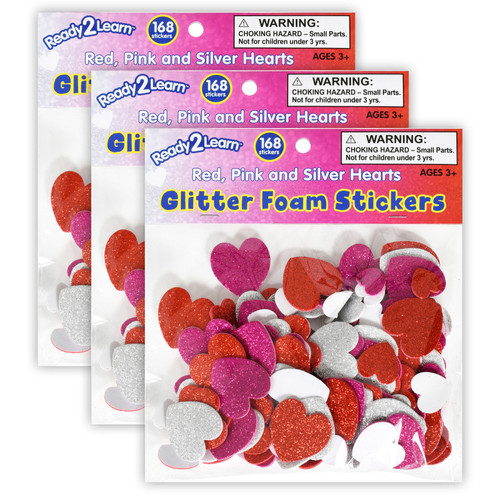 Ready Glitter Foam Stickers - Hearts - Red, Pink And Silver - 168 Per Pack - 3 Packs CE-10087-3