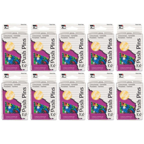Charles Push Pins, Assorted Colors, 100 Per Box, 10 Boxes CHL200AR-10