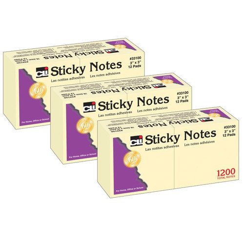 Charles Sticky Notes, 3 X 3 Inch, 100 Sheets/Pad, Yellow, 12 Pads Per Pack, 3 Packs CHL33100-3