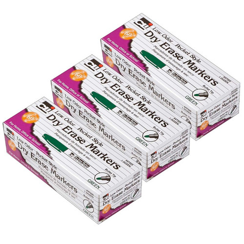 Charles Dry Erase Markers, Low Odor, Pocket Style, Bullet Tip, Green, 12 Per Box, 3 Boxes CHL47325-3