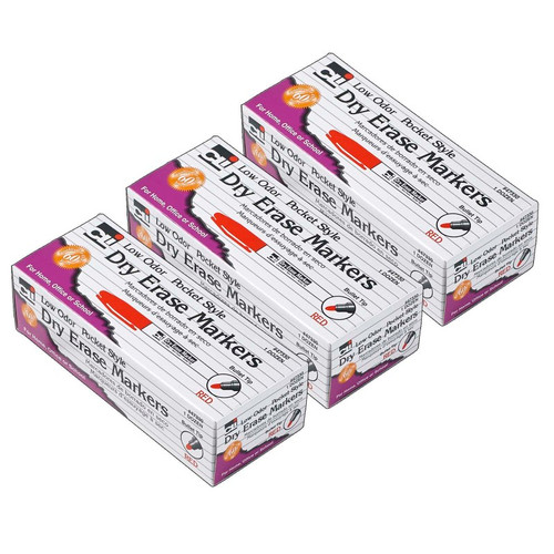 Charles Dry Erase Markers, Low Odor, Pocket Style, Bullet Tip, Red, 12 Per Box, 3 Boxes CHL47330-3