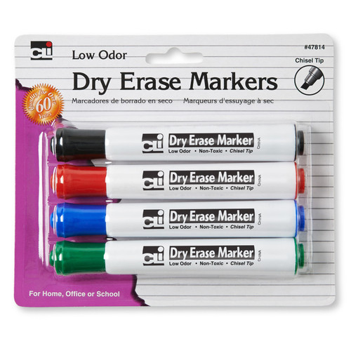 Charles Dry Erase Markers, Barrel Style, Low Odor, Chisel Tip, Assorted Colors, Pack Of 4 CHL47814
