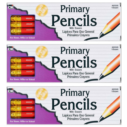 Charles Primary Pencil, 0.41", Red With Eraser, 12 Per Box, 3 Boxes CHL65505-3