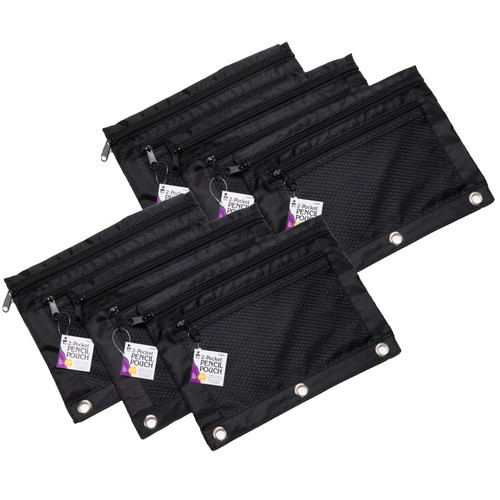 Charles Pencil Pouch, 2 Pocket With Mesh Front, Black, Pack Of 6 CHL76356