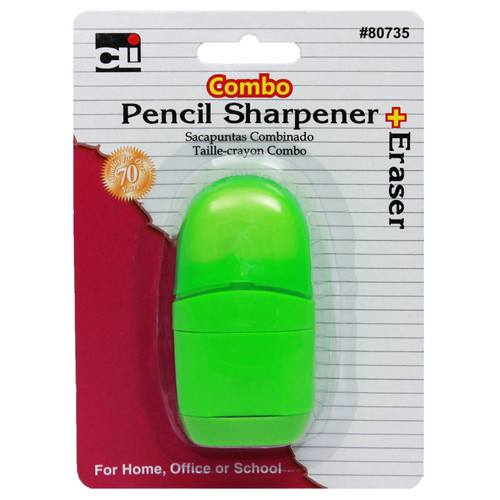 Charles Pencil Sharpener/Eraser Combo, 1 Hole With Eraser, Plastic, With Receptacle, Assorted Colors CHL80735