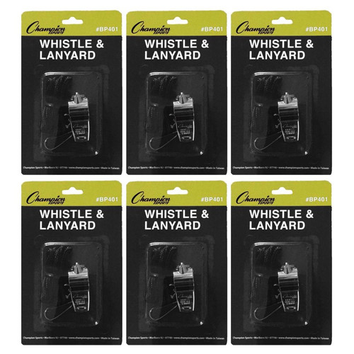 Champion Metal Whistle & Black Lanyard Pack, 6 Packs CHSBP401-6