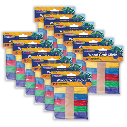 Creativity Regular Craft Sticks, Bright Hues Assorted, 4 1/2" X 3/8" X 2Mm, 150 Per Pack, 12 Packs CK-367502-12