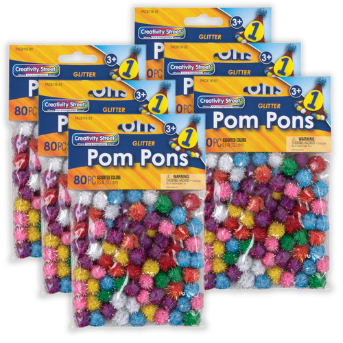 Creativity Glitter Pom Pons, Assorted Colors, 1/2", 80 Per Pack, 6 Packs CK-811601-6