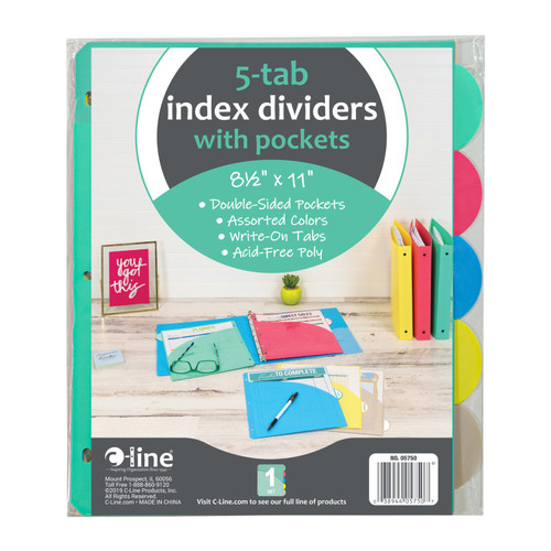 C-Line 5-Tab Poly Index Dividers W/Slant Pocket, Asstd Colors CLI05750