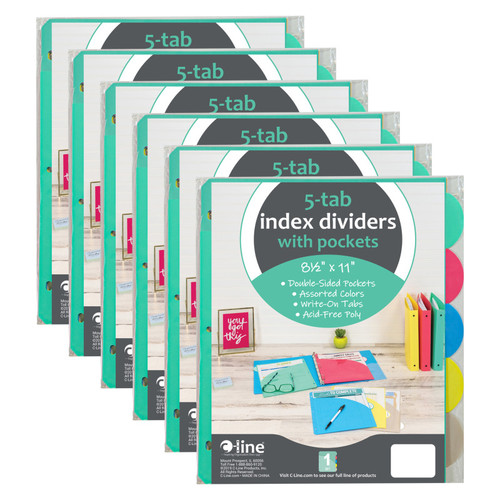 C-Line 5-Tab Poly Index Dividers W/Slant Pocket, Assorted Colors, 5 Per Pack, 6 Packs CLI05750-6