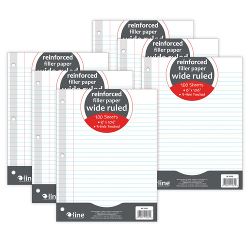 C-Line Reinforced 3-Hole Punched, Filler Paper, Wide Rule, 10.5" X 8", 100 Sheets Per Pack, 6 Packs CLI21032-6
