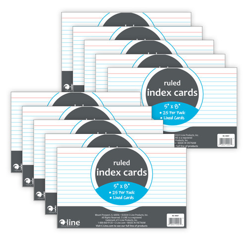 C-Line Index Cards, 5" X 8", White, Ruled, 25 Per Pack, 10 Packs CLI49907-10