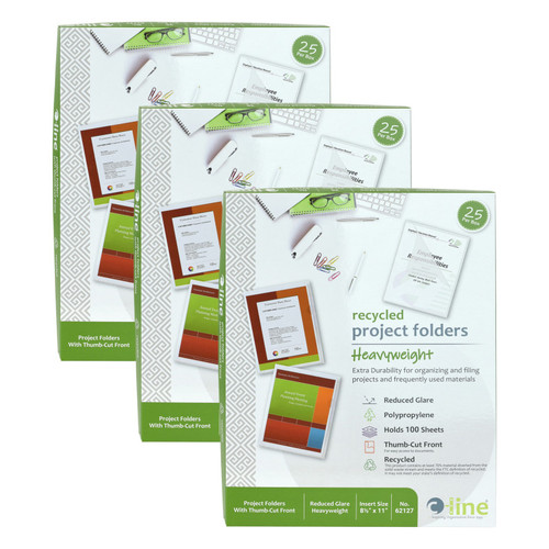 C-Line Recycled Poly Project Folders, Clear, Reduced Glare, 11" X 8-1/2", 25 Per Box, 3 Boxes CLI62127-3