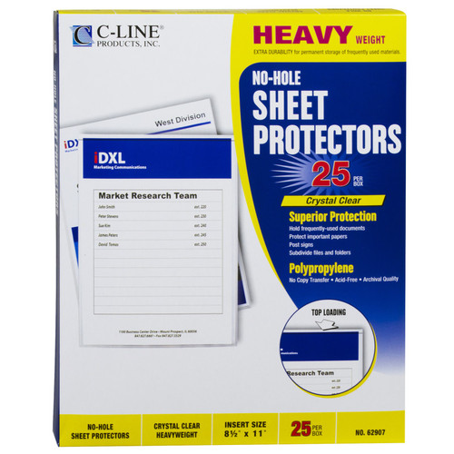 C-Line No-Hole Heavyweight Poly Sheet Protectors, Clear, Top Loading, 11" X 8-1/2", Box Of 25 CLI62907