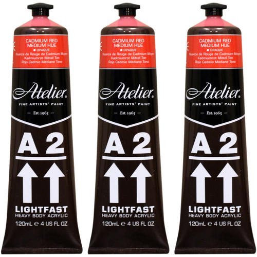 Atelier A2 Heavy Body Lightfast Artist Acrylic, 4 Oz., Cadmium Red Medium Hue, Pack Of 3 CRM683-3