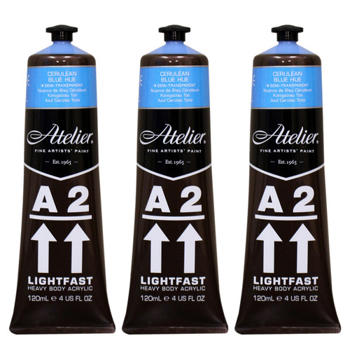 Atelier A2 Heavy Body Lightfast Artist Acrylic, 4 Oz., Cerulean Blue Hue, Pack Of 3 CRM686-3