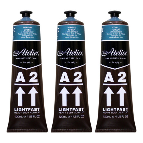 Atelier A2 Heavy Body Lightfast Artist Acrylic, 4 Oz., Pthalo Green Hue, Pack Of 3 CRM694-3