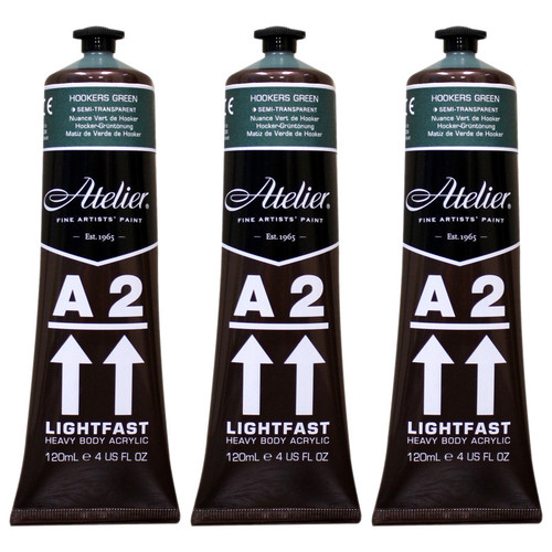 Atelier A2 Heavy Body Lightfast Artist Acrylic, 4 Oz., Hookers Green Hue (Forest Green Hue), Pack Of 3 CRM767-3