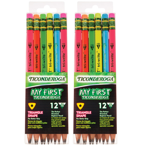 Ticonderoga My First Tri-Write Wood-Cased Pencils, Neon Assorted, 12 Per Pack, 2 Packs DIX13012-2
