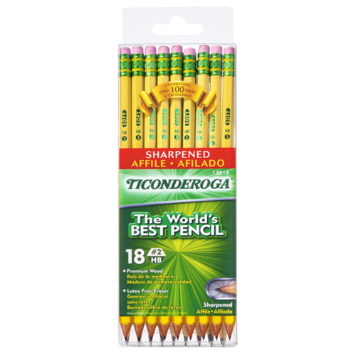 Ticonderoga Pencils, #2 Soft, Yellow, Presharpened, Pack Of 18 DIX13818